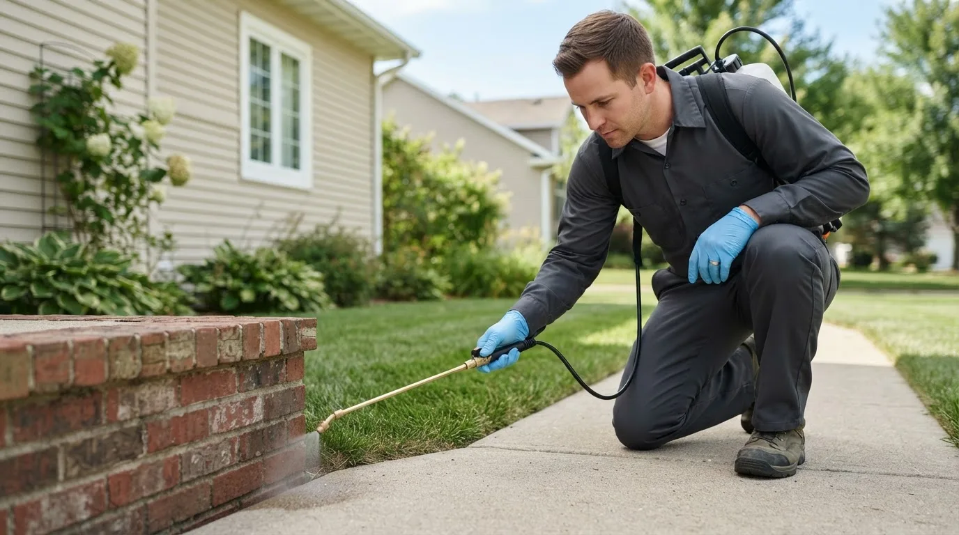Pest control technician treating a home near Rose Hill, KS